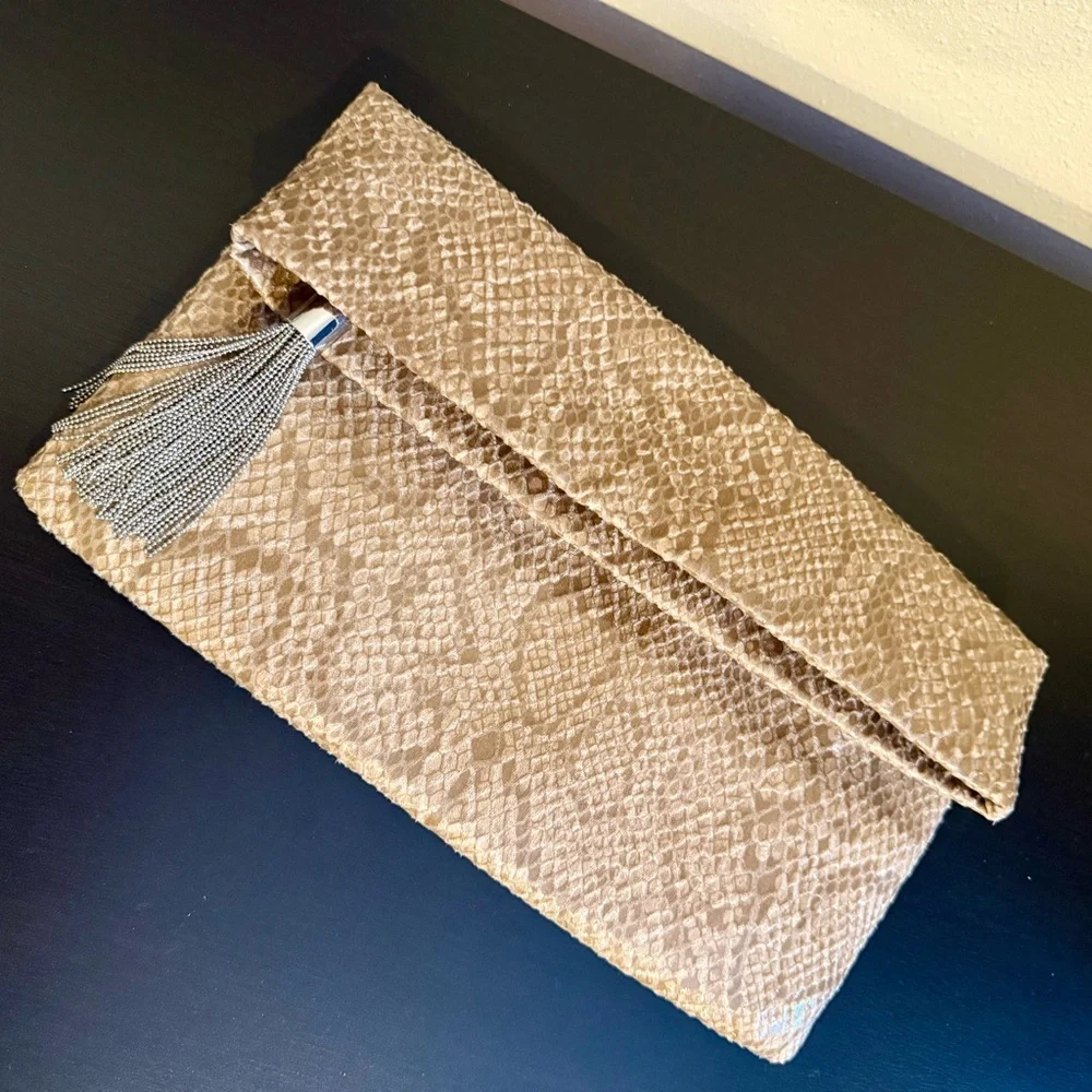 Banana Republic Textured Tan Foldover Clutch Silver Tassel